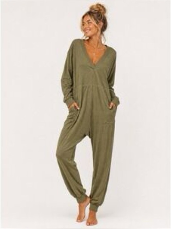 NATURAL LIFE Pants - Natural Life Olive Slub Knit Long Sleeve Jumpsuit Romper Pockets Size Small